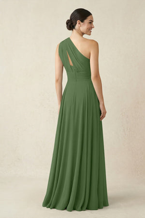 One - Shoulder A - Line Pleated Chiffon Bridesmaid Dress in Moss - KissProm Bridesmaid Dresses