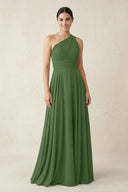 One - Shoulder A - Line Pleated Chiffon Bridesmaid Dress in Moss - KissProm Bridesmaid Dresses