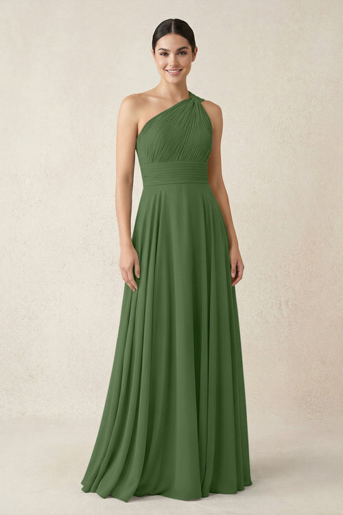 One - Shoulder A - Line Pleated Chiffon Bridesmaid Dress in Moss - KissProm Bridesmaid Dresses