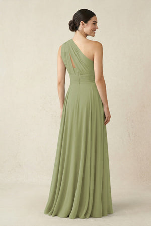 One - Shoulder A - Line Pleated Chiffon Bridesmaid Dress in Moss Green - KissProm Bridesmaid Dresses