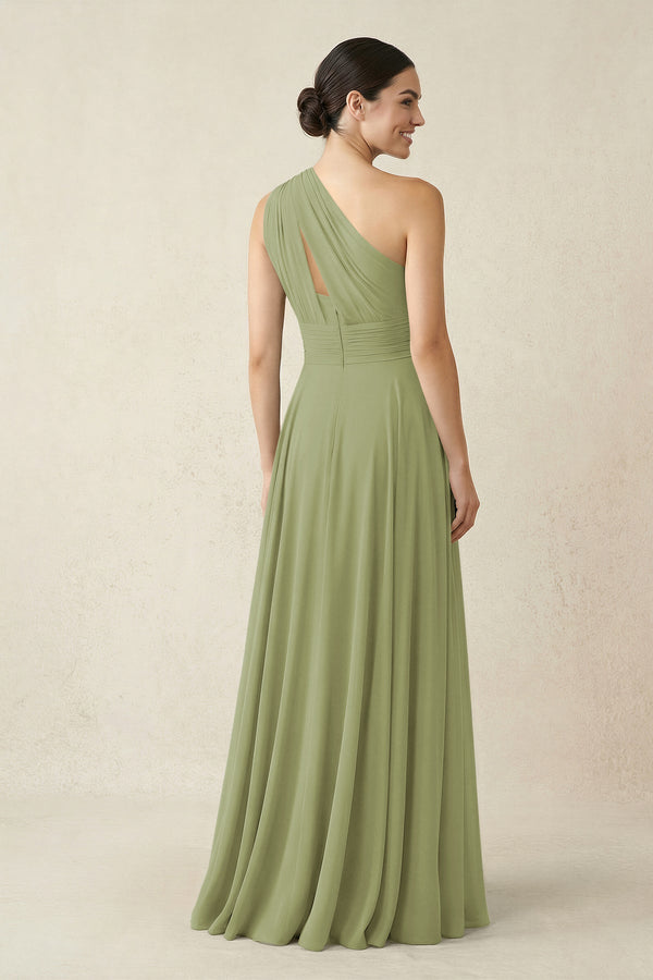 One - Shoulder A - Line Pleated Chiffon Bridesmaid Dress in Moss Green - KissProm Bridesmaid Dresses