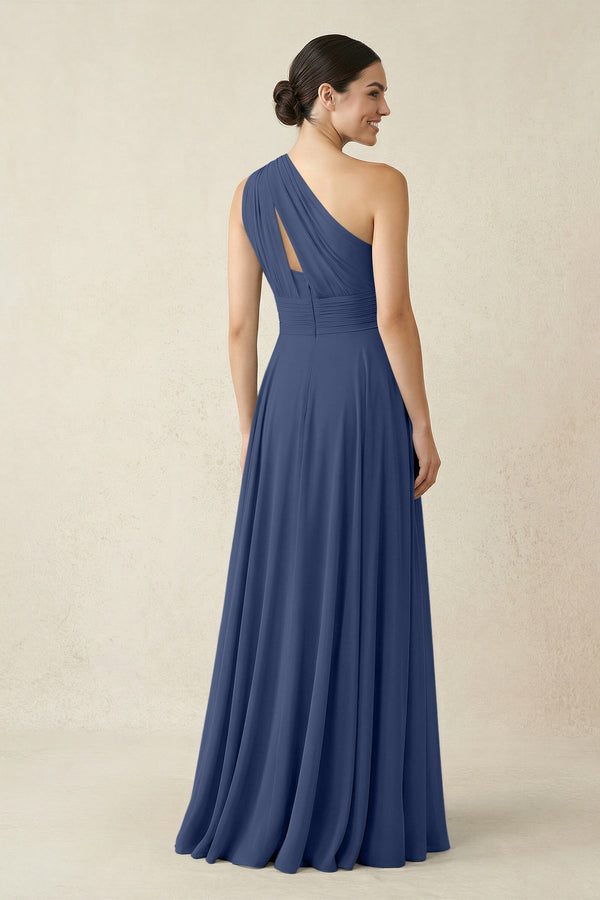 One - Shoulder A - Line Pleated Chiffon Bridesmaid Dress in Navy - KissProm Bridesmaid Dresses