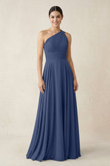 One - Shoulder A - Line Pleated Chiffon Bridesmaid Dress in Navy - KissProm Bridesmaid Dresses
