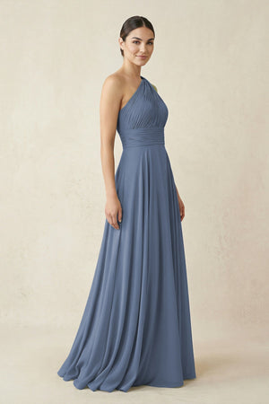 One - Shoulder A - Line Pleated Chiffon Bridesmaid Dress in Neptune - KissProm Bridesmaid Dresses