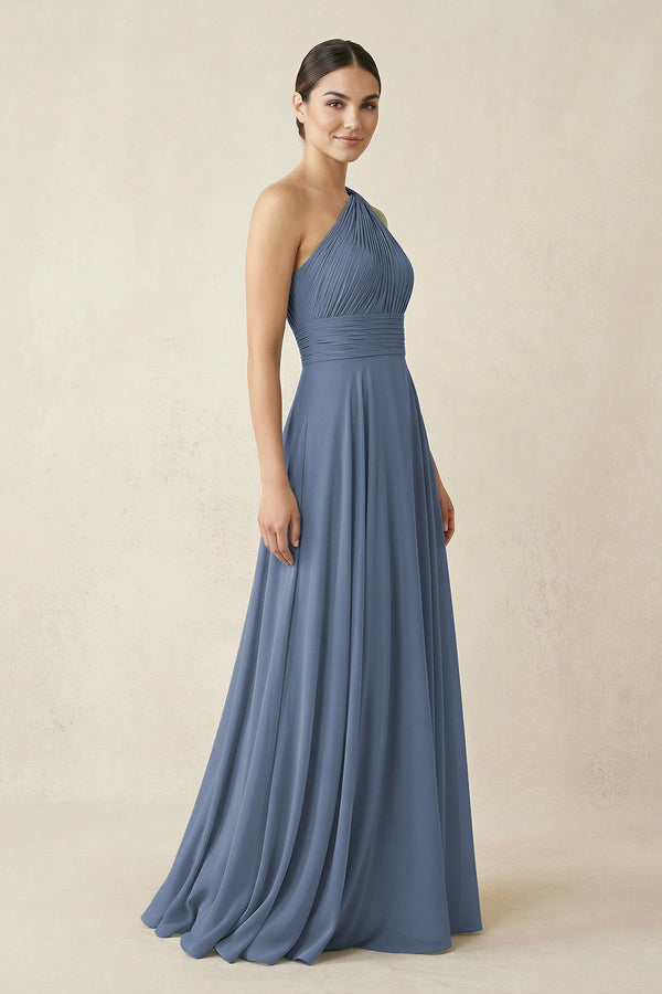 One - Shoulder A - Line Pleated Chiffon Bridesmaid Dress in Neptune - KissProm Bridesmaid Dresses