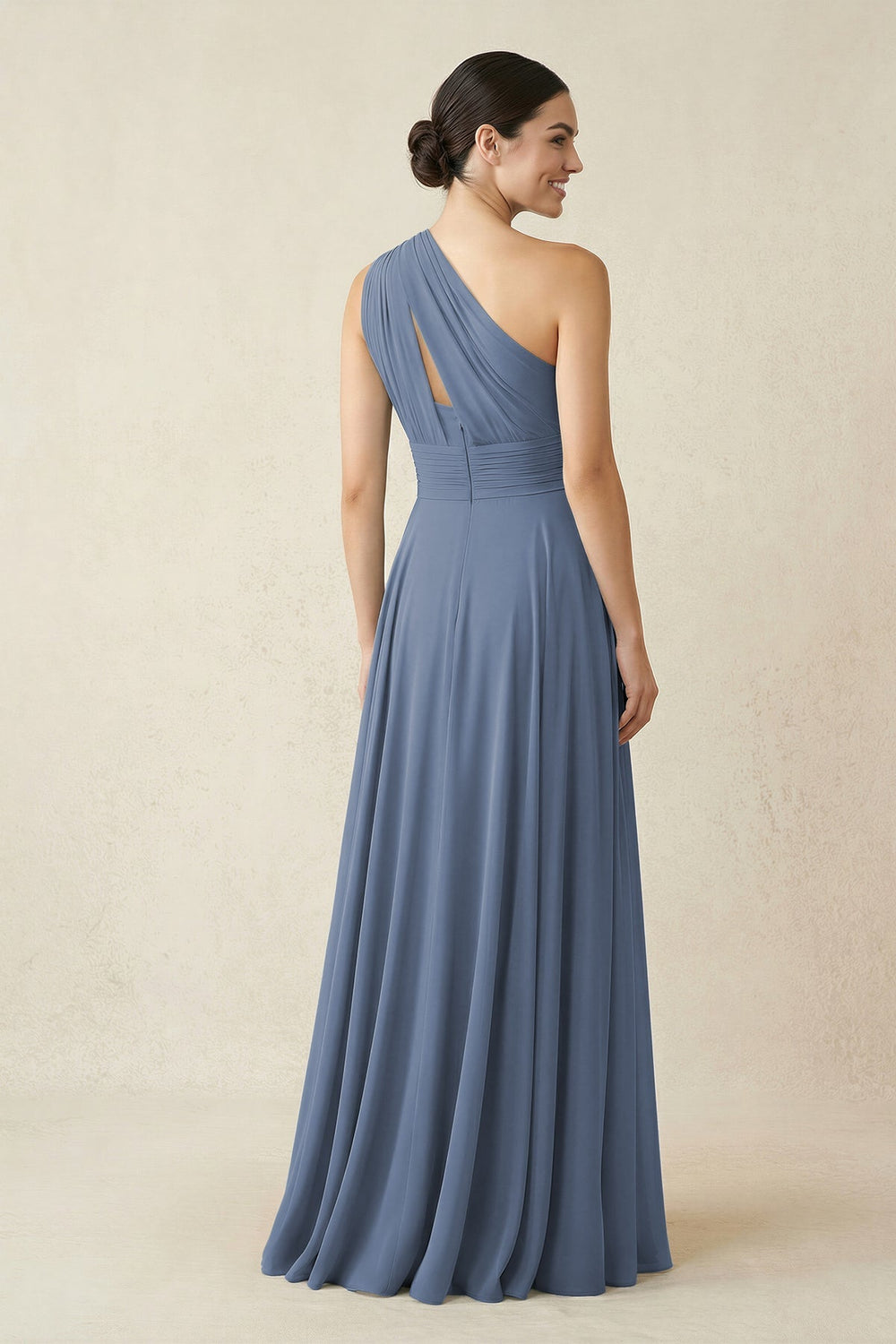 One - Shoulder A - Line Pleated Chiffon Bridesmaid Dress in Neptune - KissProm Bridesmaid Dresses