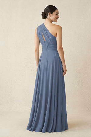 One - Shoulder A - Line Pleated Chiffon Bridesmaid Dress in Neptune - KissProm Bridesmaid Dresses