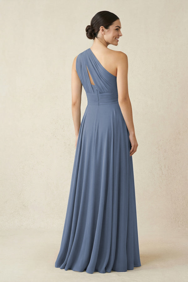 One - Shoulder A - Line Pleated Chiffon Bridesmaid Dress in Neptune - KissProm Bridesmaid Dresses