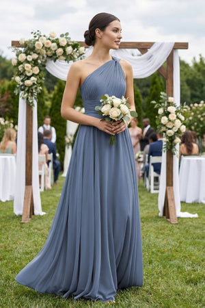 One - Shoulder A - Line Pleated Chiffon Bridesmaid Dress in Neptune - KissProm Bridesmaid Dresses