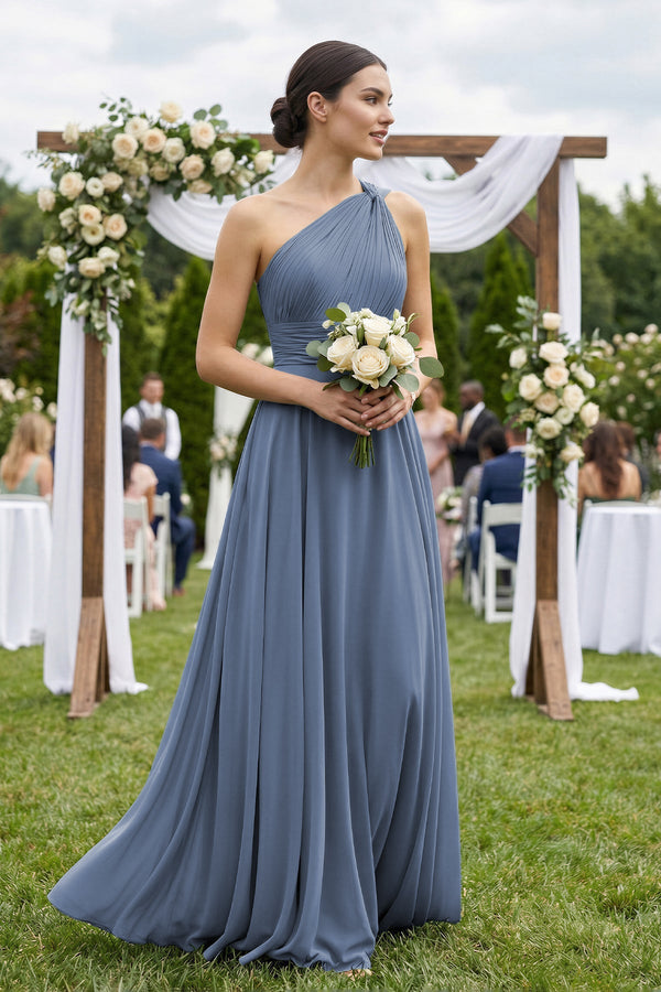 One - Shoulder A - Line Pleated Chiffon Bridesmaid Dress in Neptune - KissProm Bridesmaid Dresses