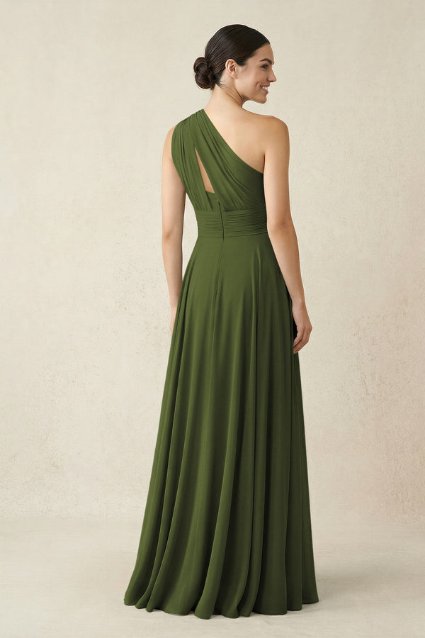 One - Shoulder A - Line Pleated Chiffon Bridesmaid Dress in Olive - KissProm Bridesmaid Dresses