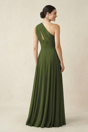 One - Shoulder A - Line Pleated Chiffon Bridesmaid Dress in Olive - KissProm Bridesmaid Dresses