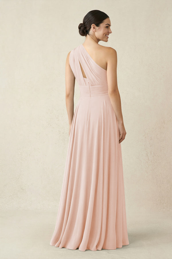 One - Shoulder A - Line Pleated Chiffon Bridesmaid Dress in Pale Blush - KissProm Bridesmaid Dresses