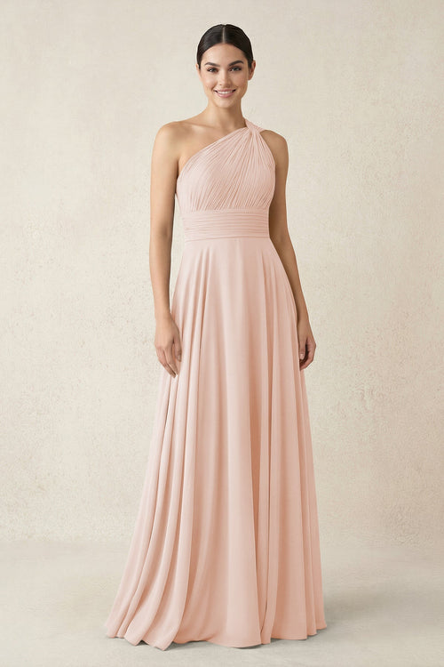 One - Shoulder A - Line Pleated Chiffon Bridesmaid Dress in Pale Blush - KissProm Bridesmaid Dresses