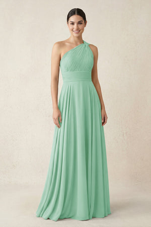 One - Shoulder A - Line Pleated Chiffon Bridesmaid Dress in Pale Pistachio - KissProm Bridesmaid Dresses