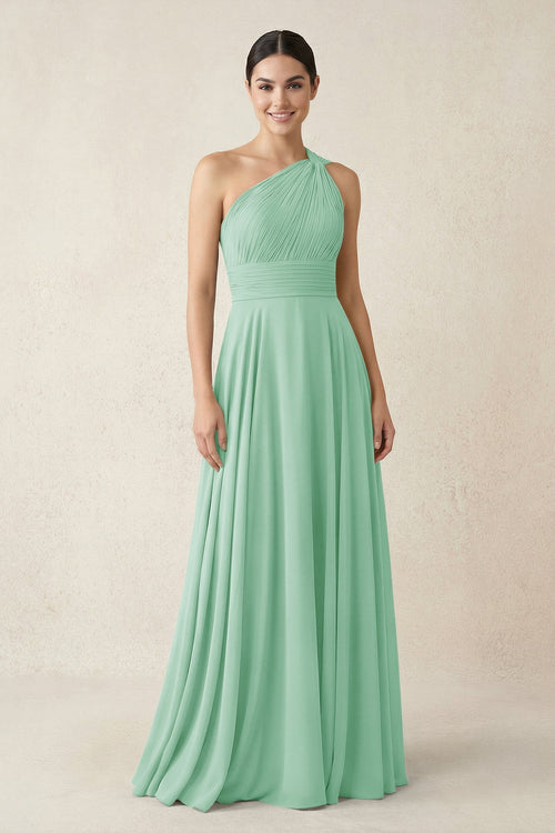 One - Shoulder A - Line Pleated Chiffon Bridesmaid Dress in Pale Pistachio - KissProm Bridesmaid Dresses
