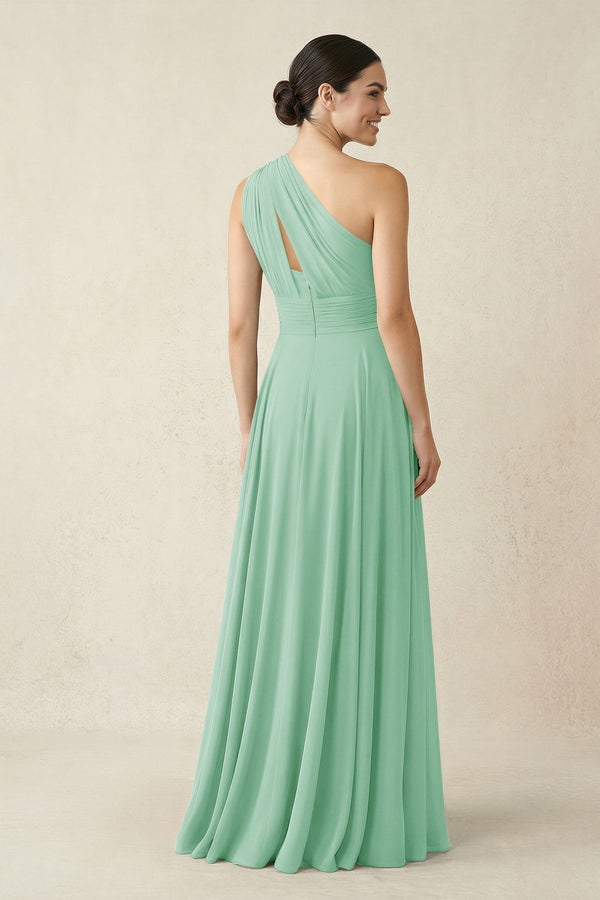 One - Shoulder A - Line Pleated Chiffon Bridesmaid Dress in Pale Pistachio - KissProm Bridesmaid Dresses