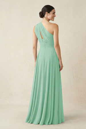 One - Shoulder A - Line Pleated Chiffon Bridesmaid Dress in Pale Pistachio - KissProm Bridesmaid Dresses