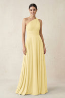 One - Shoulder A - Line Pleated Chiffon Bridesmaid Dress in Pastel Yellow - KissProm Bridesmaid Dresses