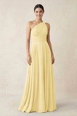 One - Shoulder A - Line Pleated Chiffon Bridesmaid Dress in Pastel Yellow - KissProm Bridesmaid Dresses