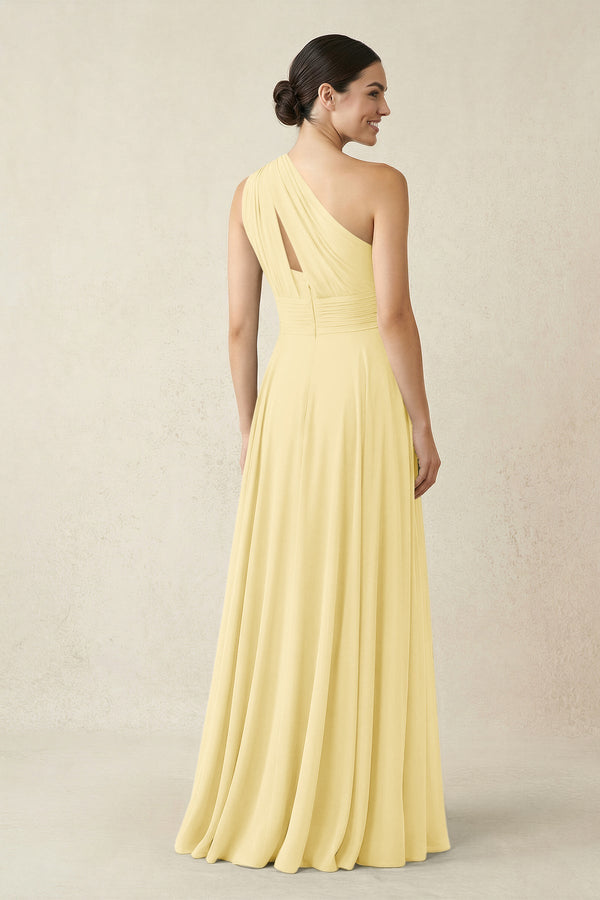 One - Shoulder A - Line Pleated Chiffon Bridesmaid Dress in Pastel Yellow - KissProm Bridesmaid Dresses