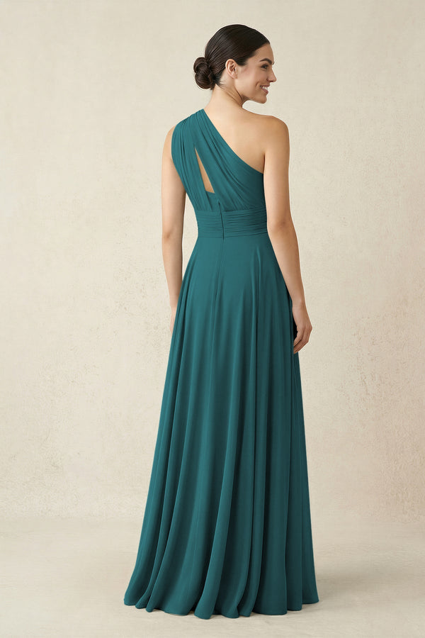 One - Shoulder A - Line Pleated Chiffon Bridesmaid Dress in Pine - KissProm Bridesmaid Dresses