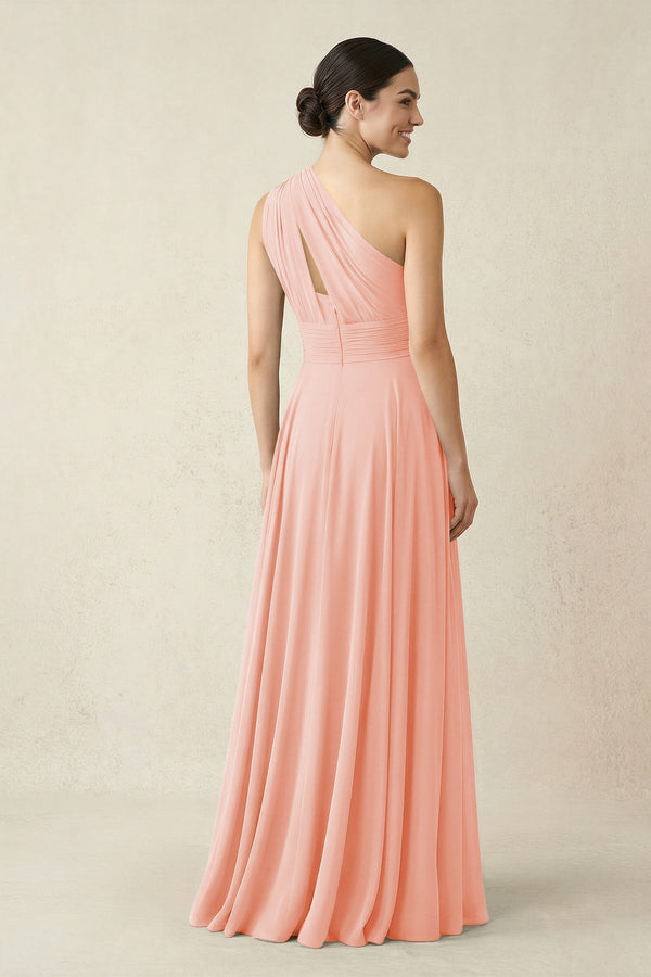 One - Shoulder A - Line Pleated Chiffon Bridesmaid Dress in Rose Petal - KissProm Bridesmaid Dresses