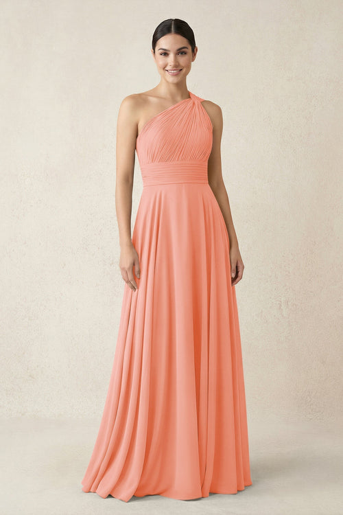 One - Shoulder A - Line Pleated Chiffon Bridesmaid Dress in Rosette - KissProm Bridesmaid Dresses