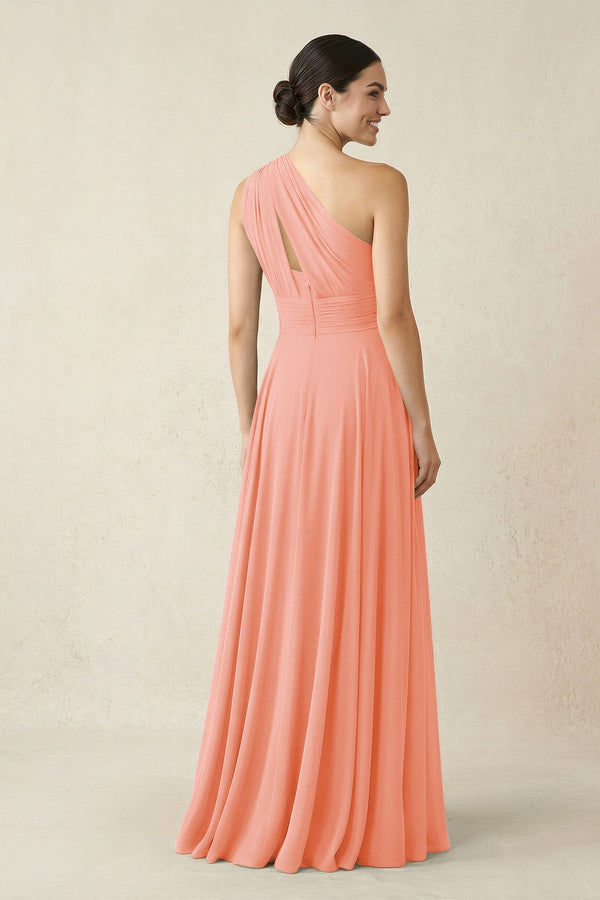 One - Shoulder A - Line Pleated Chiffon Bridesmaid Dress in Rosette - KissProm Bridesmaid Dresses