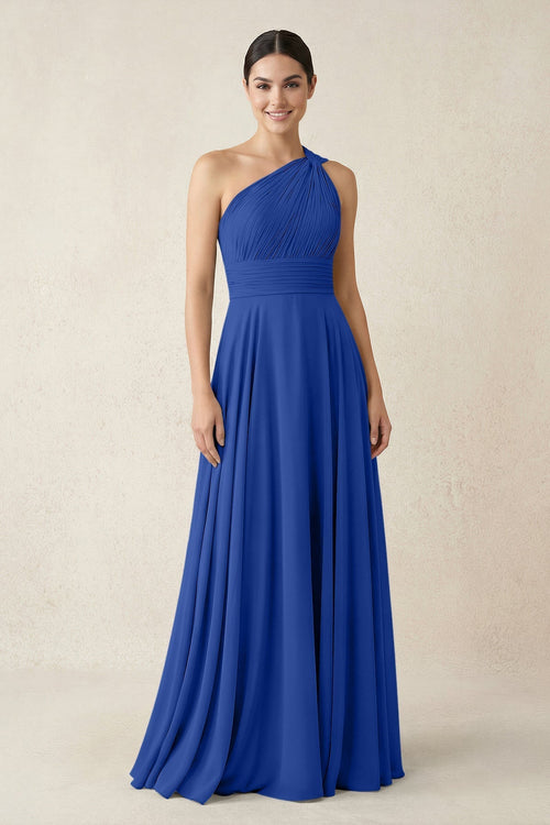 One - Shoulder A - Line Pleated Chiffon Bridesmaid Dress in Royal Blue - KissProm Bridesmaid Dresses