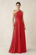 One - Shoulder A - Line Pleated Chiffon Bridesmaid Dress in Ruby Red - KissProm Bridesmaid Dresses