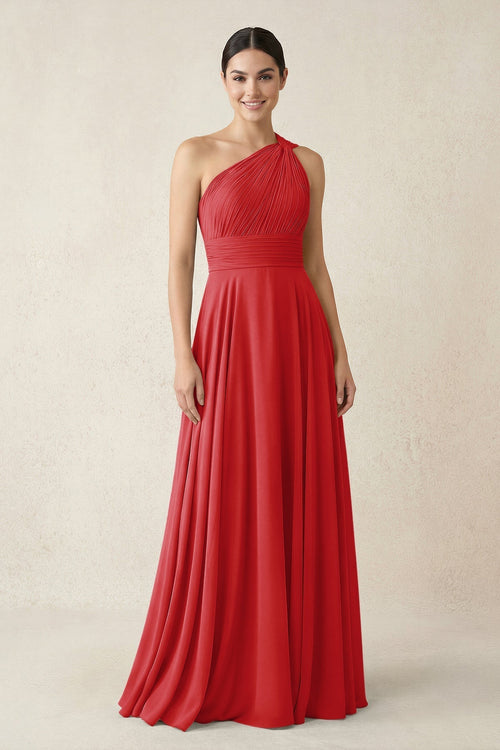 One - Shoulder A - Line Pleated Chiffon Bridesmaid Dress in Ruby Red - KissProm Bridesmaid Dresses