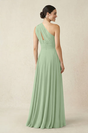 One - Shoulder A - Line Pleated Chiffon Bridesmaid Dress in Sage - KissProm Bridesmaid Dresses