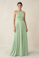 One - Shoulder A - Line Pleated Chiffon Bridesmaid Dress in Sage - KissProm Bridesmaid Dresses