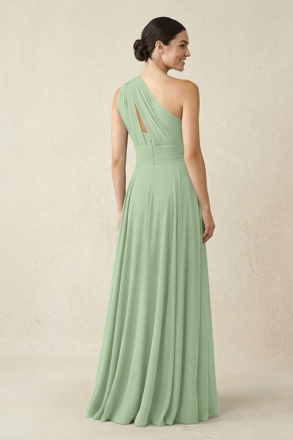 One - Shoulder A - Line Pleated Chiffon Bridesmaid Dress in Sage - KissProm Bridesmaid Dresses