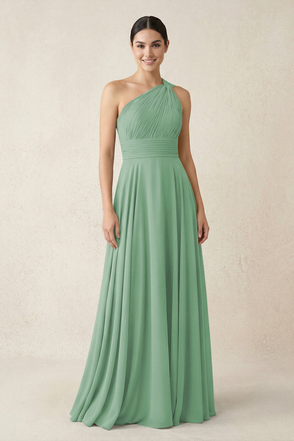 One - Shoulder A - Line Pleated Chiffon Bridesmaid Dress in Sea Glass - KissProm Bridesmaid Dresses
