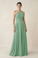One - Shoulder A - Line Pleated Chiffon Bridesmaid Dress in Sea Glass - KissProm Bridesmaid Dresses