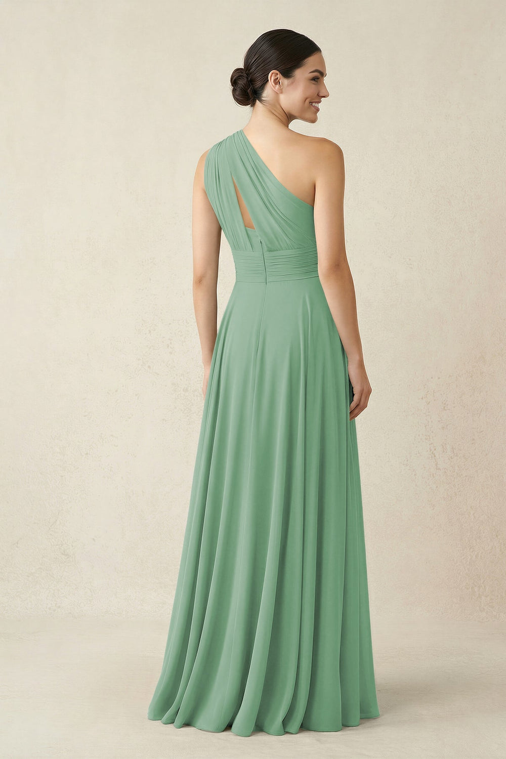 One - Shoulder A - Line Pleated Chiffon Bridesmaid Dress in Sea Glass - KissProm Bridesmaid Dresses