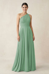 One - Shoulder A - Line Pleated Chiffon Bridesmaid Dress in Sea Glass - KissProm Bridesmaid Dresses
