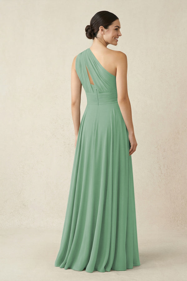 One - Shoulder A - Line Pleated Chiffon Bridesmaid Dress in Sea Glass - KissProm Bridesmaid Dresses