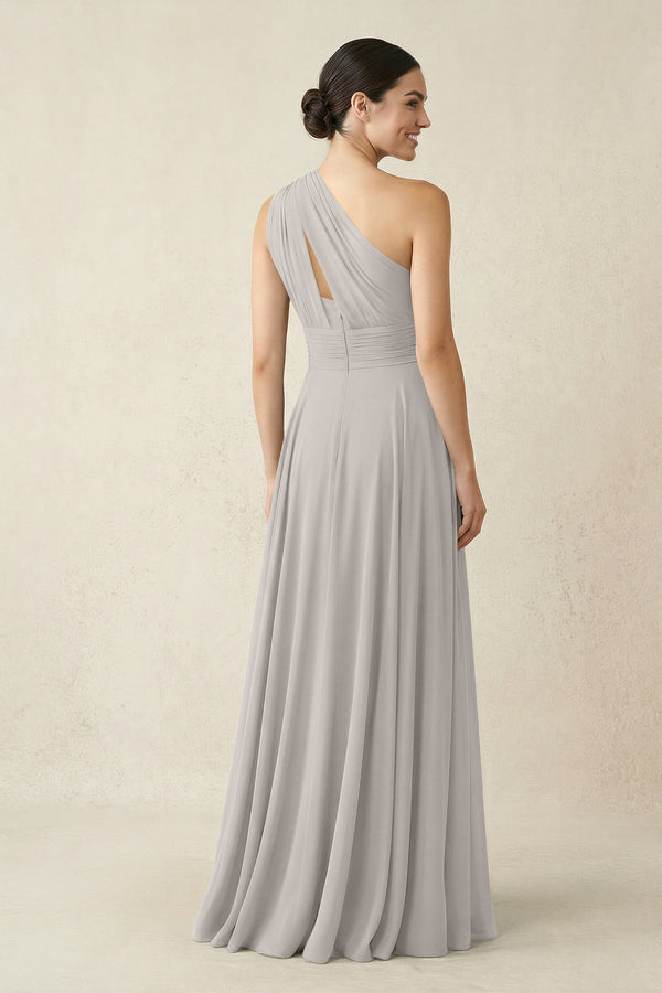 One - Shoulder A - Line Pleated Chiffon Bridesmaid Dress in Silver - KissProm Bridesmaid Dresses