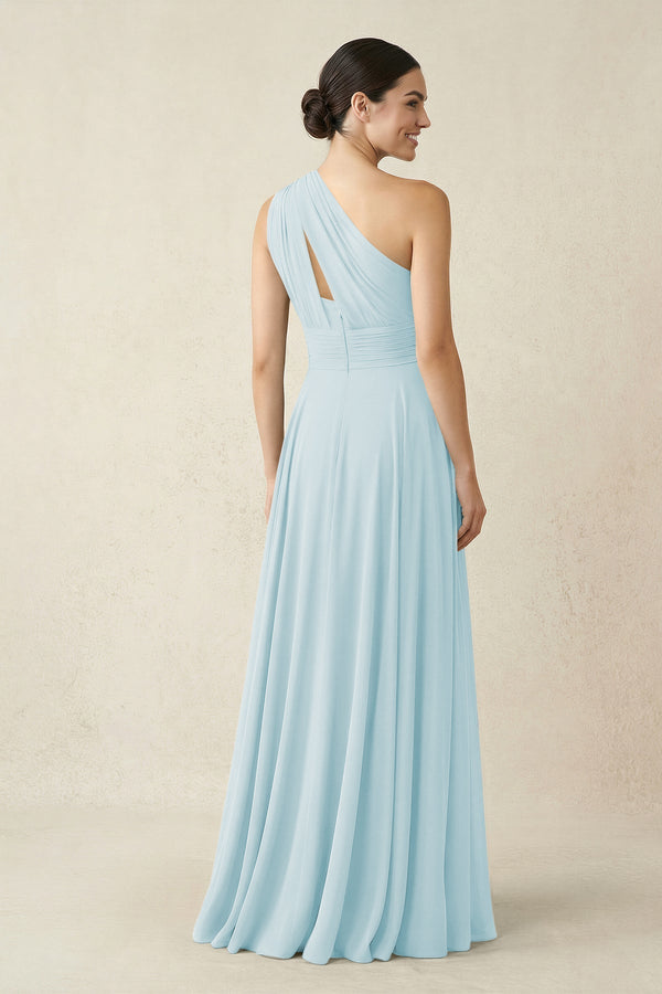One - Shoulder A - Line Pleated Chiffon Bridesmaid Dress in Sky Blue - KissProm Bridesmaid Dresses