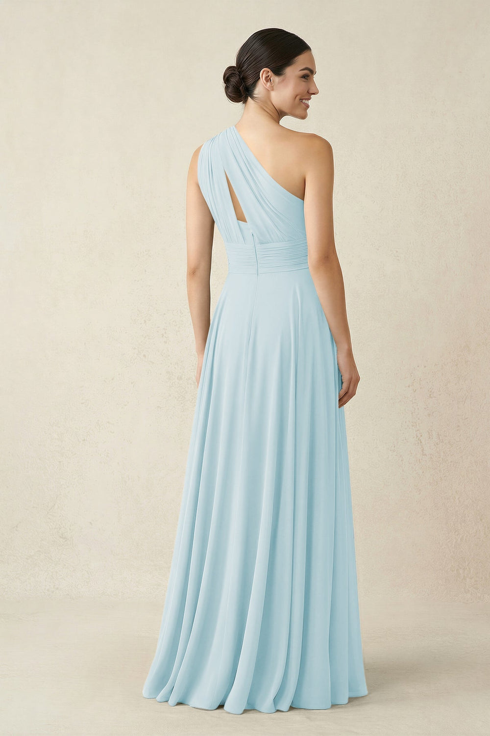 One - Shoulder A - Line Pleated Chiffon Bridesmaid Dress in Sky Blue - KissProm Bridesmaid Dresses