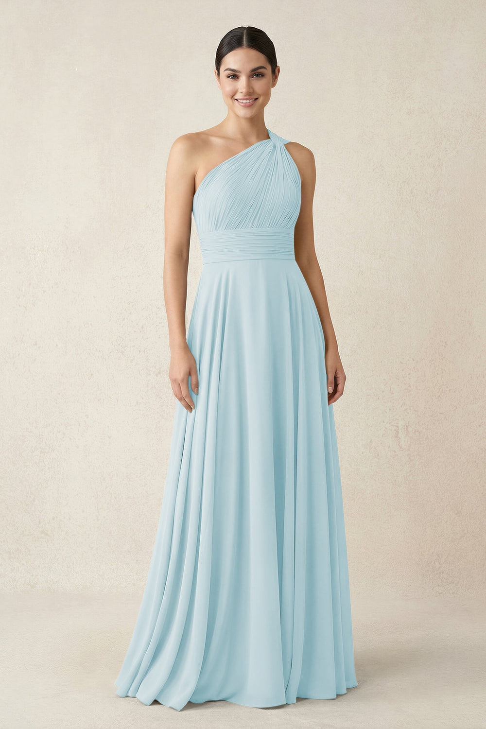 One - Shoulder A - Line Pleated Chiffon Bridesmaid Dress in Sky Blue - KissProm Bridesmaid Dresses