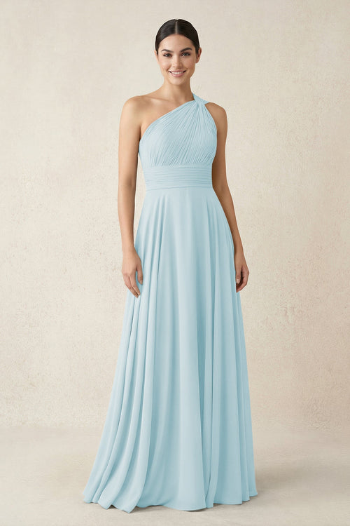 One - Shoulder A - Line Pleated Chiffon Bridesmaid Dress in Sky Blue - KissProm Bridesmaid Dresses