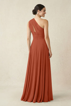One - Shoulder A - Line Pleated Chiffon Bridesmaid Dress in Spice - KissProm Bridesmaid Dresses