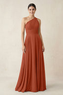 One - Shoulder A - Line Pleated Chiffon Bridesmaid Dress in Spice - KissProm Bridesmaid Dresses