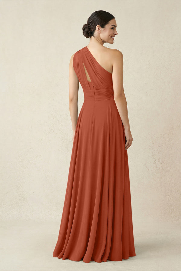 One - Shoulder A - Line Pleated Chiffon Bridesmaid Dress in Spice - KissProm Bridesmaid Dresses