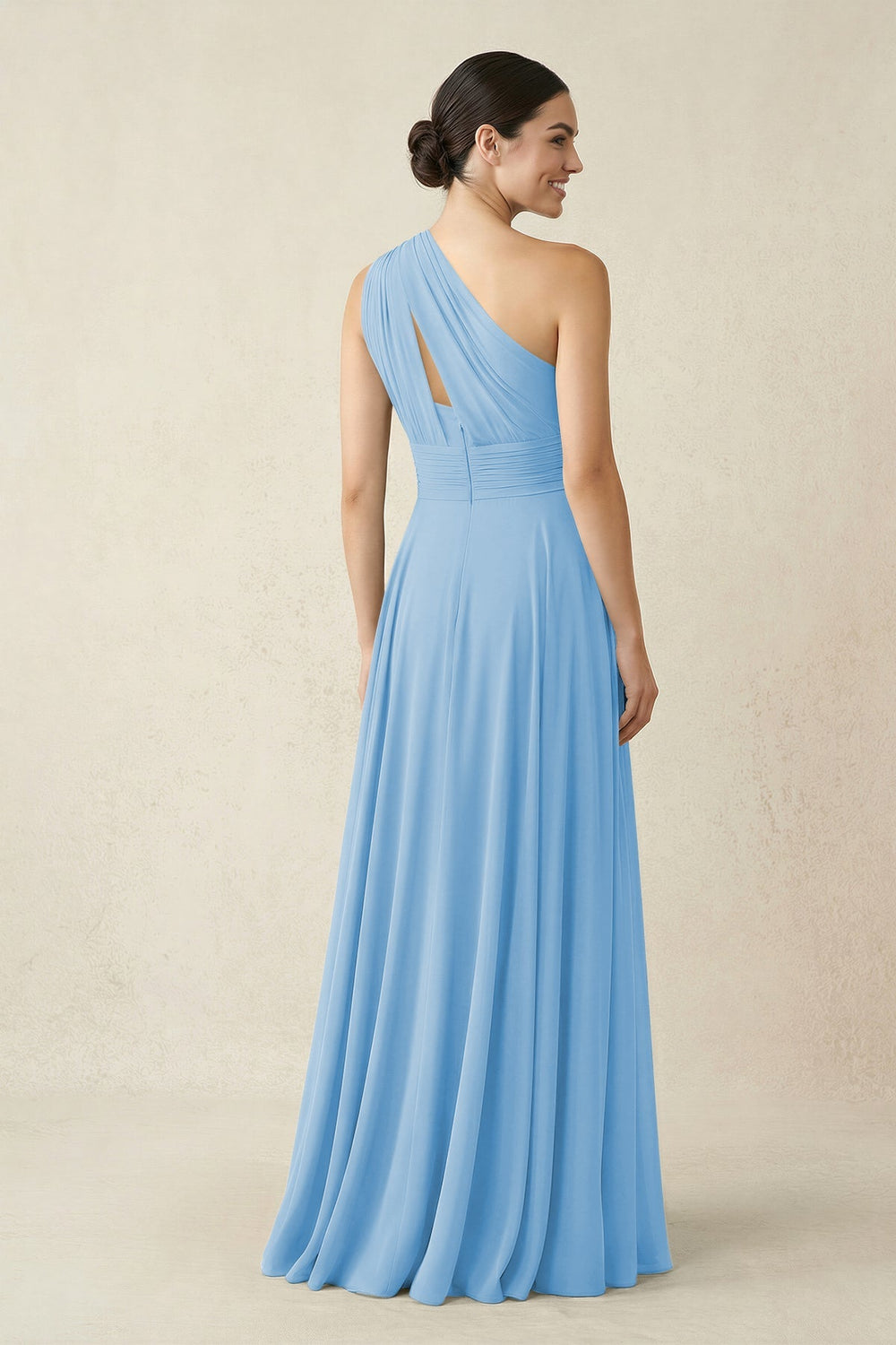 One - Shoulder A - Line Pleated Chiffon Bridesmaid Dress in Steel Blue - KissProm Bridesmaid Dresses