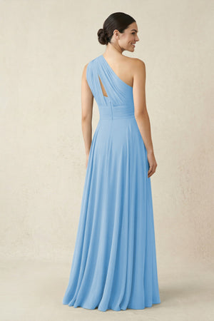 One - Shoulder A - Line Pleated Chiffon Bridesmaid Dress in Steel Blue - KissProm Bridesmaid Dresses